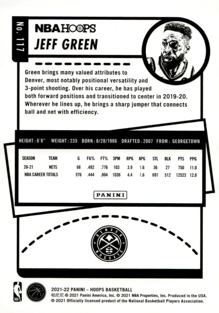 2021-22 NBA Hoops #117 Jeff Green (back)