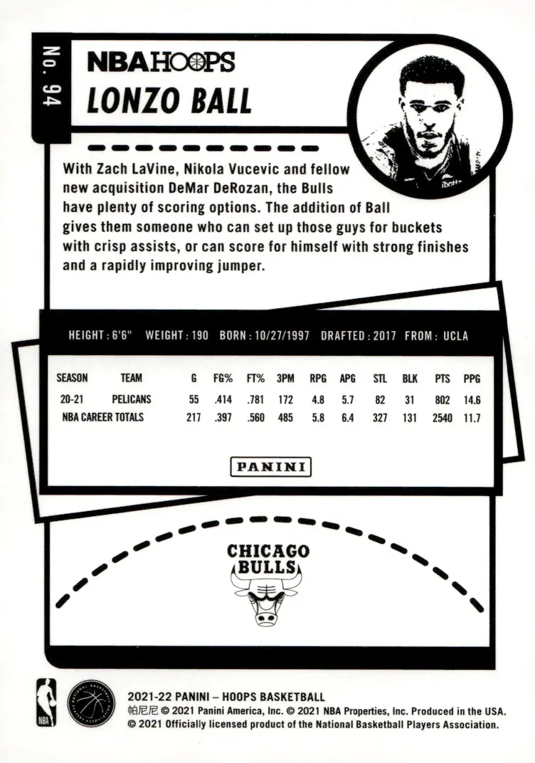 2021-22 NBA Hoops #94 Lonzo Ball (back)
