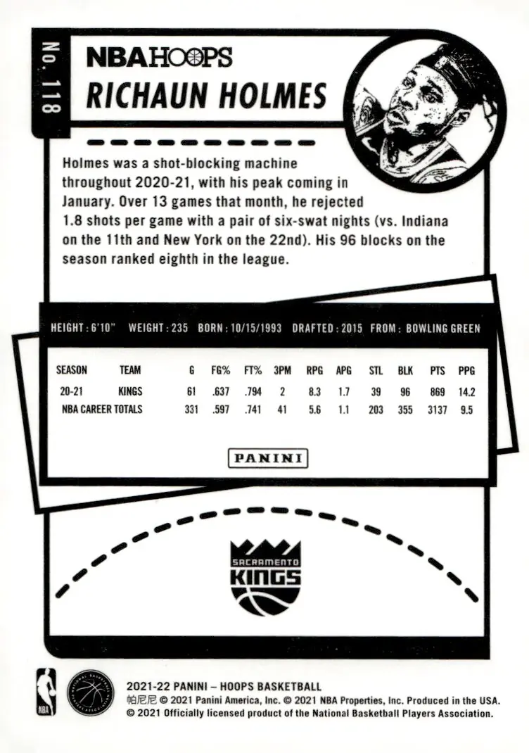 2021-22 NBA Hoops #118 Richaun Holmes (back)