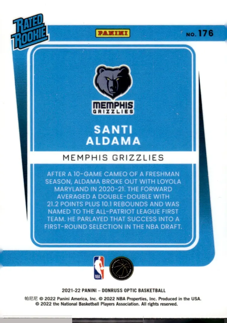 2021-22 Donruss Optic #176 Santi Aldama (back)