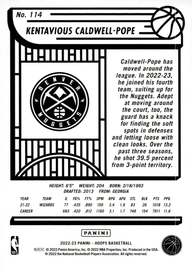 2022-23 NBA Hoops #114 Kentavious Caldwell-Pope (back)