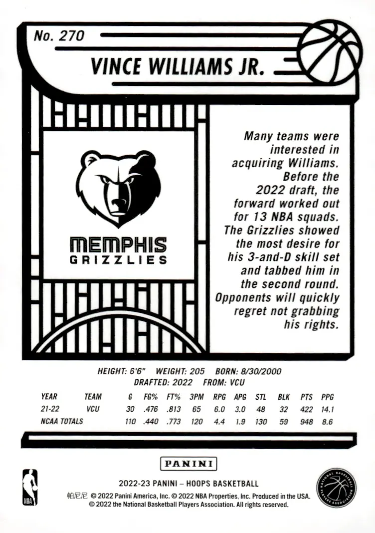 2022-23 NBA Hoops #270 Vince Williams Jr. (back)