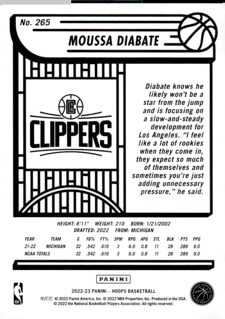 2022-23 NBA Hoops #265 Moussa Diabate (back)
