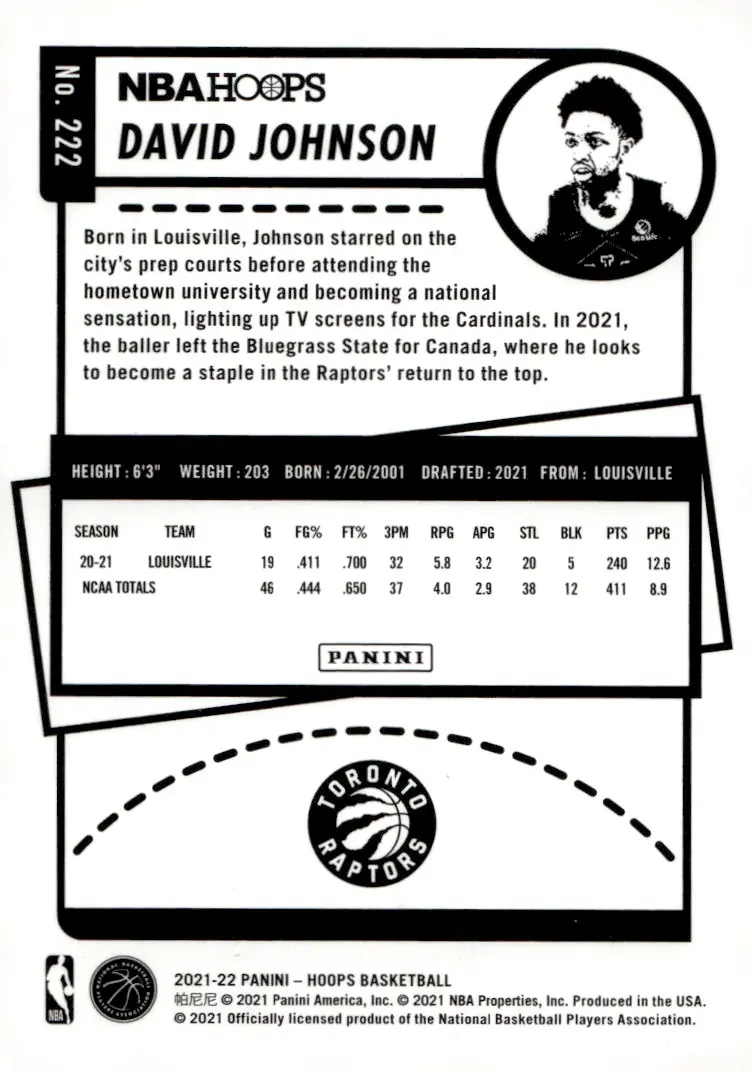 2021-22 NBA Hoops #222 David Johnson (back)
