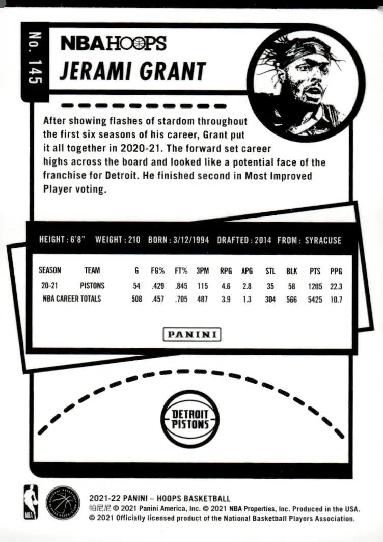 2021-22 NBA Hoops #145 Jerami Grant (back)