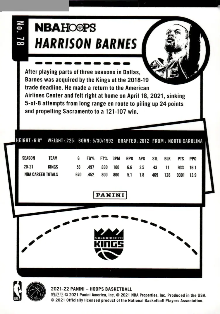 2021-22 NBA Hoops #78 Harrison Barnes (back)