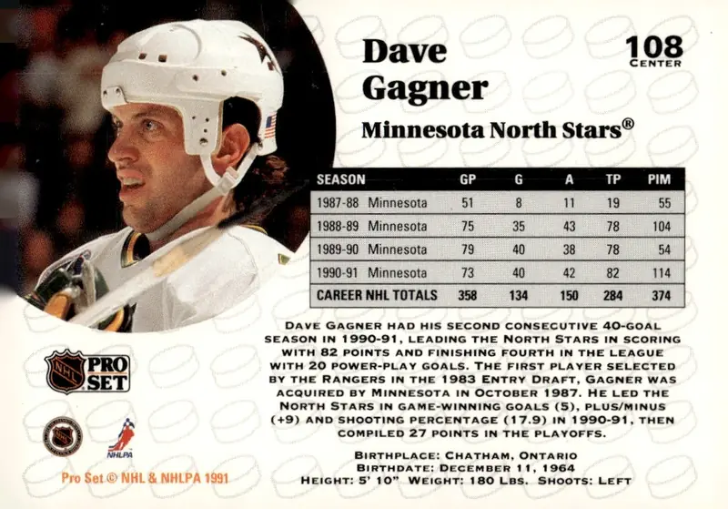 1991-92 Pro Set (Series 1) #108 Dave Gagner (back)