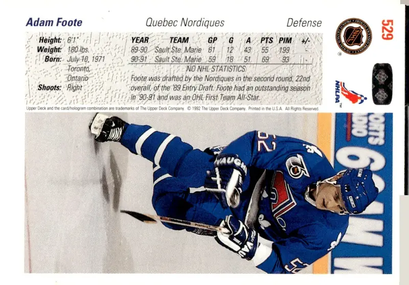 1991-92 Upper Deck #529 Adam Foote (back)