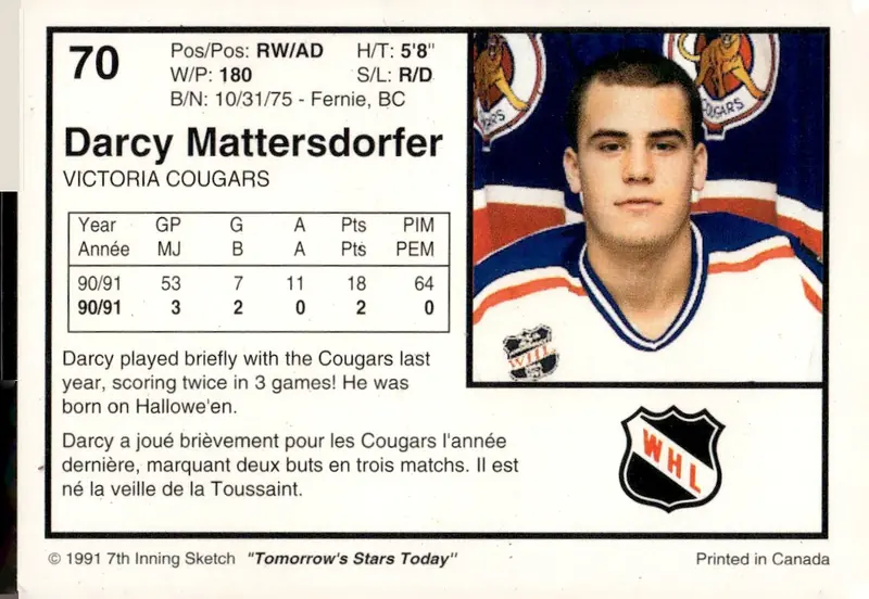 1991-92 7th Inning Sketch WHL #70 Darcy Mattersdorfer (back)