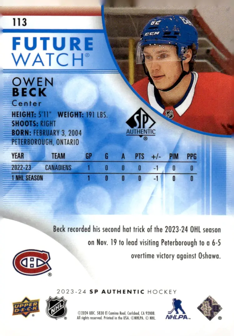 2023-24 SP Authentic #113 Owen Beck – Limited (back)