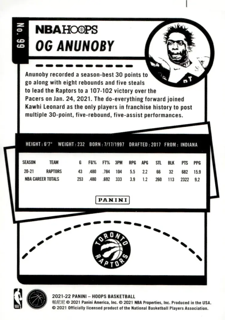 2021-22 NBA Hoops #99 OG Anunoby (back)
