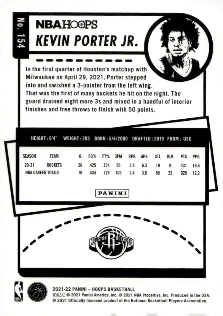 2021-22 NBA Hoops #154 Kevin Porter Jr. (back)