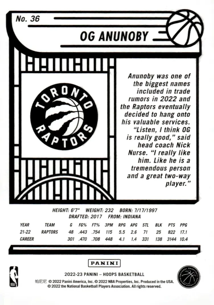 2022-23 NBA Hoops #36 OG Anunoby (back)