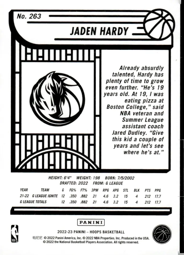 2022-23 NBA Hoops #263 Jaden Hardy (back)
