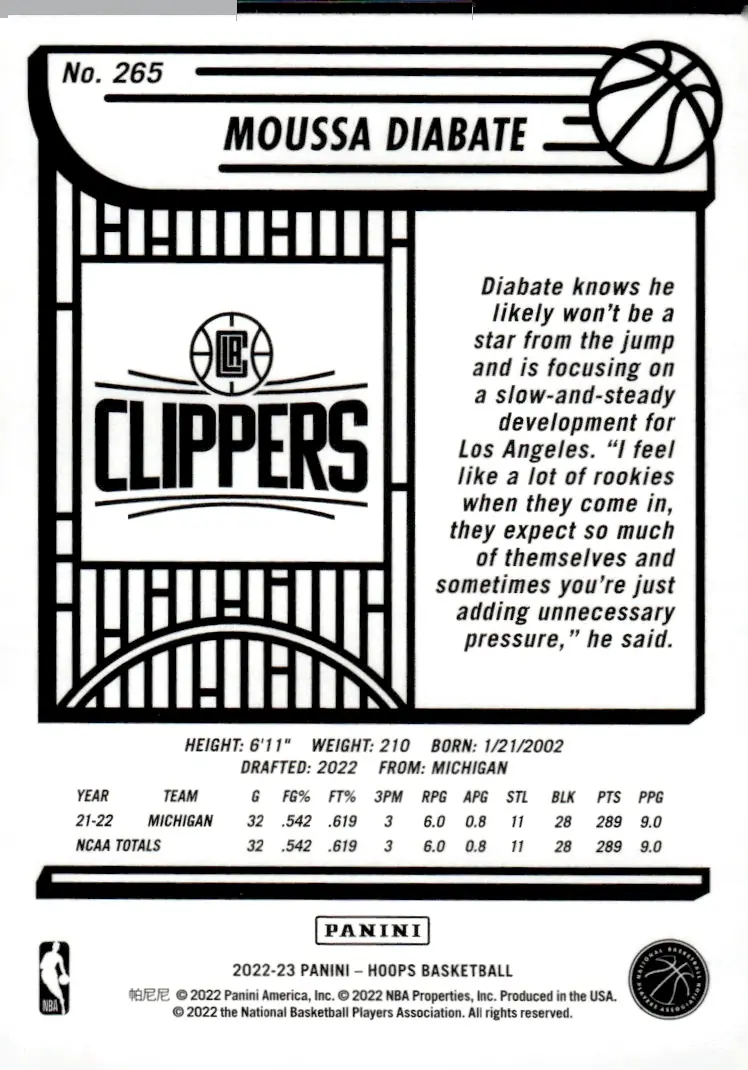 2022-23 NBA Hoops #265 Moussa Diabate (back)