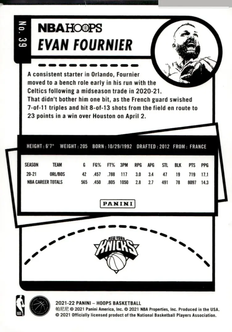 2021-22 NBA Hoops #39 Evan Fournier – Winter (back)