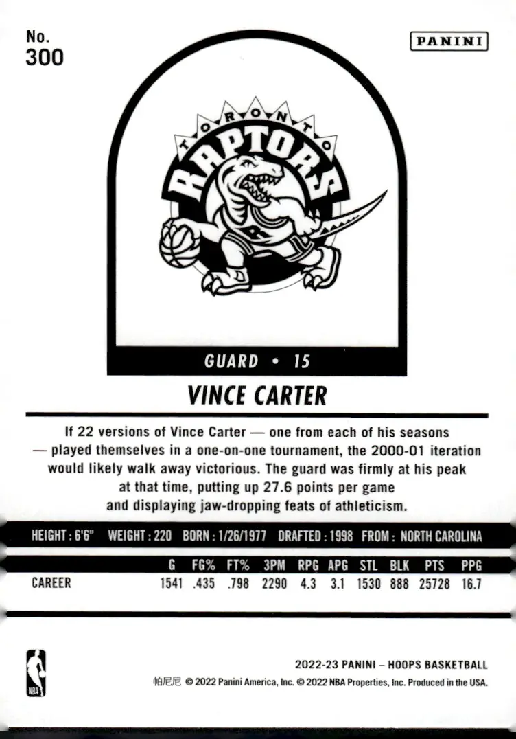 2022-23 NBA Hoops #300 Vince Carter (back)