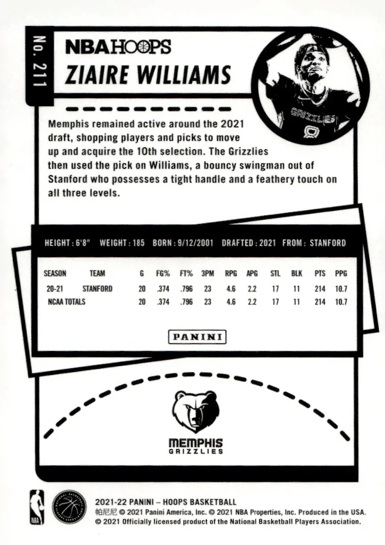 2021-22 NBA Hoops #211 Ziaire Williams (back)