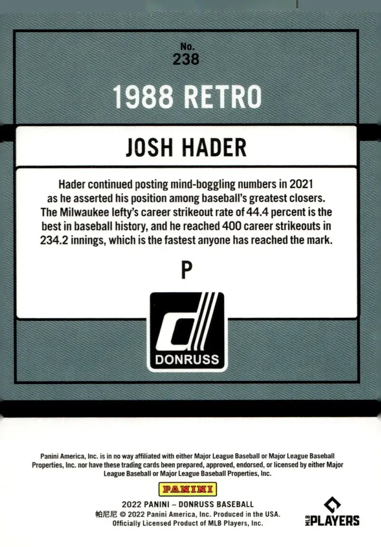 2022 Donruss #238 Josh Hader (back)