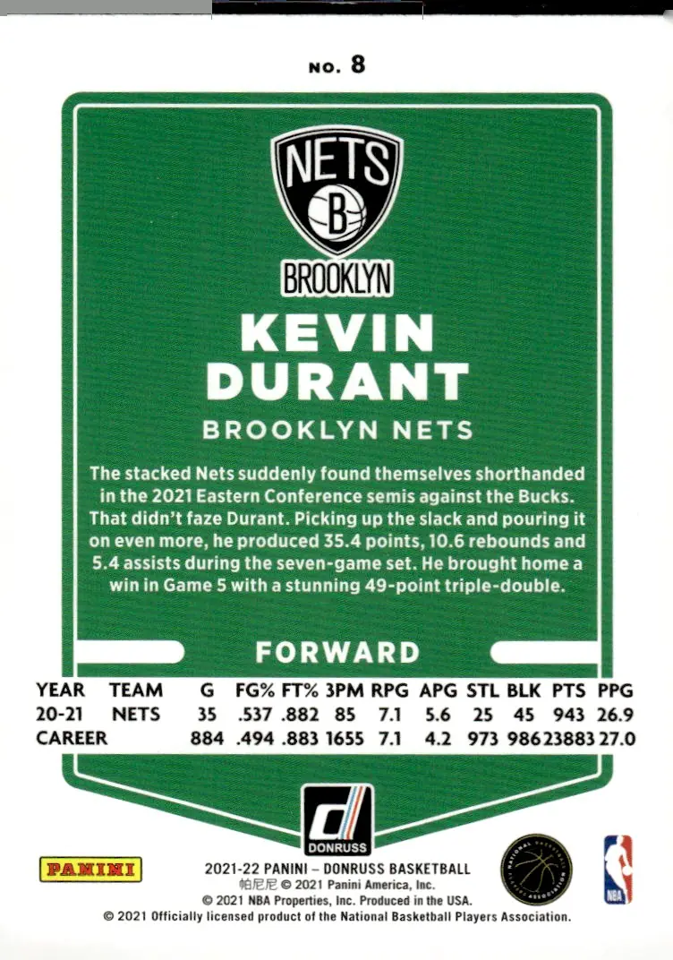 2021-22 Donruss #8 Kevin Durant (back)