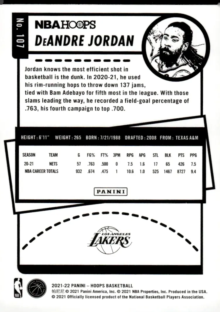 2021-22 NBA Hoops #107 DeAndre Jordan (back)