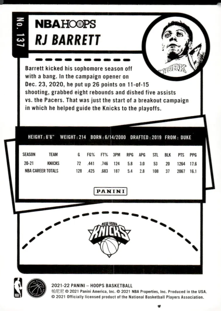 2021-22 NBA Hoops #137 RJ Barrett (back)
