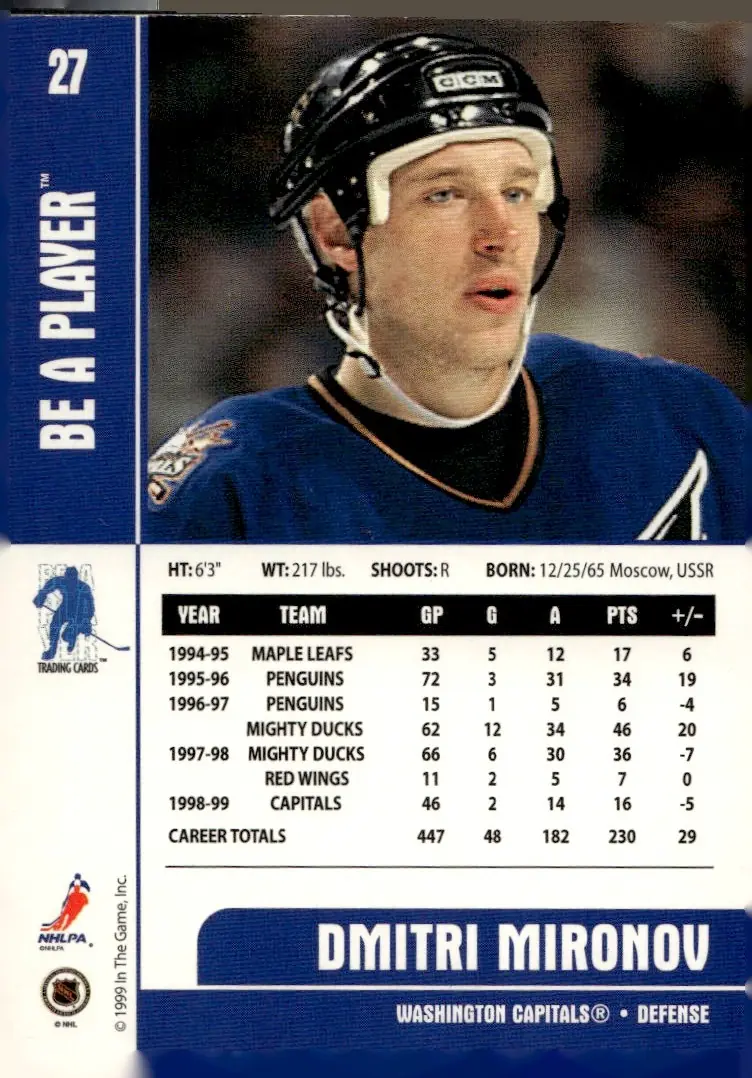 1999-00 Be A Player Memorabilia #27 Dmitri Mironov (back)