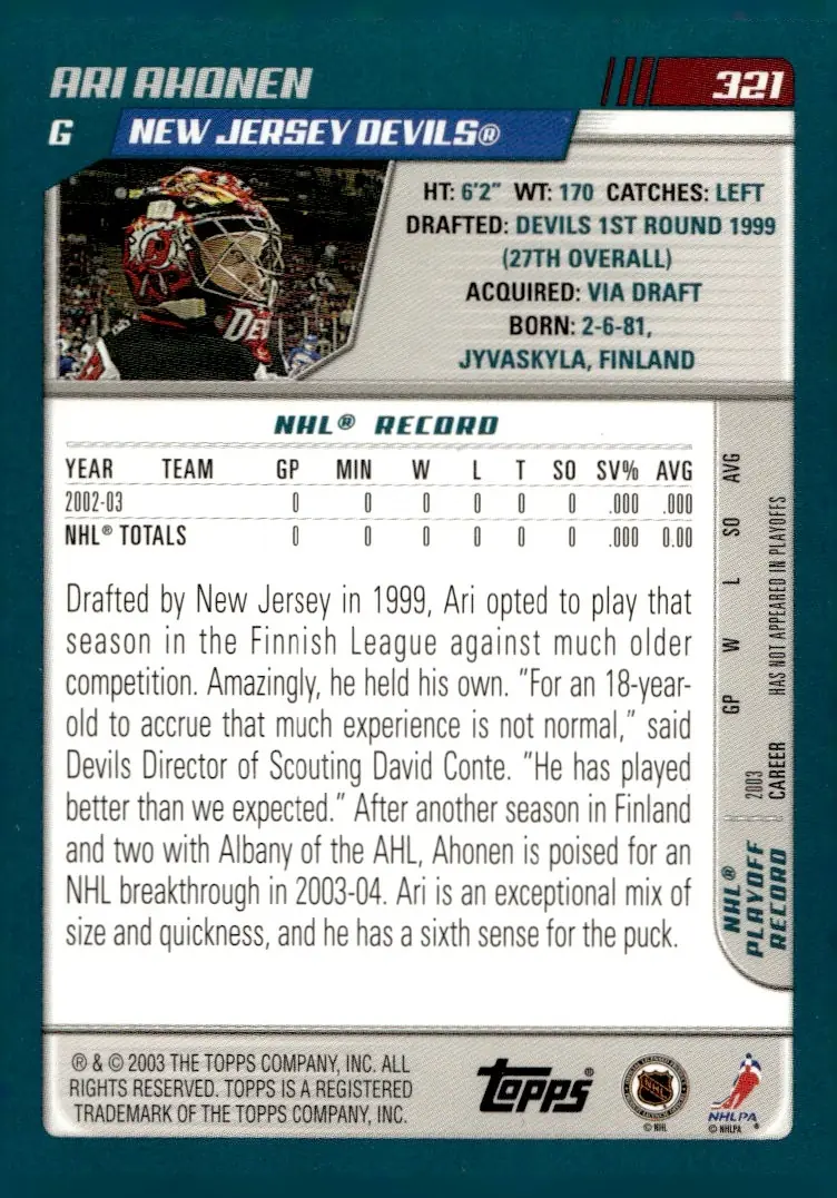 2003-04 Topps #321 Ari Ahonen (back)