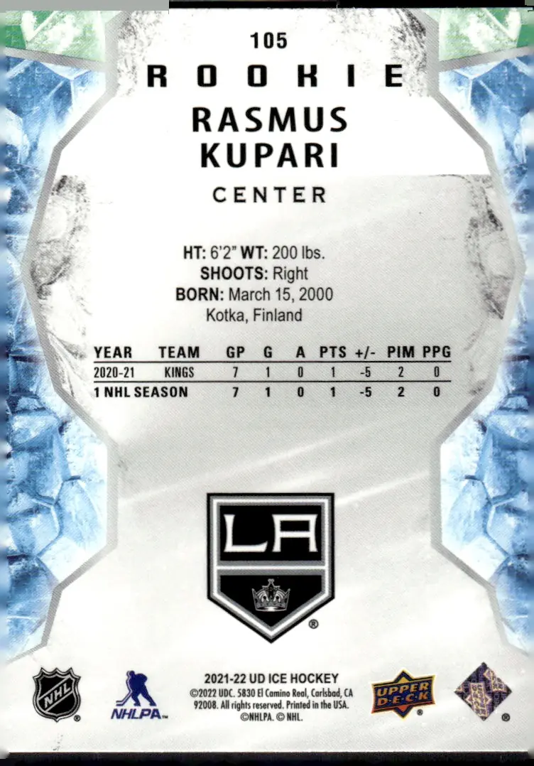 2021-22 Upper Deck Ice #105 Rasmus Kupari – Gold (back)