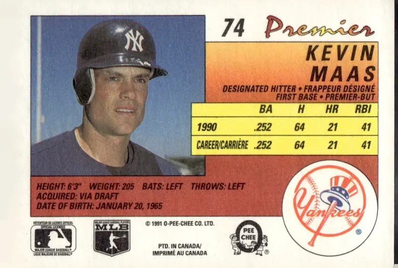 1991 O-Pee-Chee Premier #74 Kevin Maas (back)