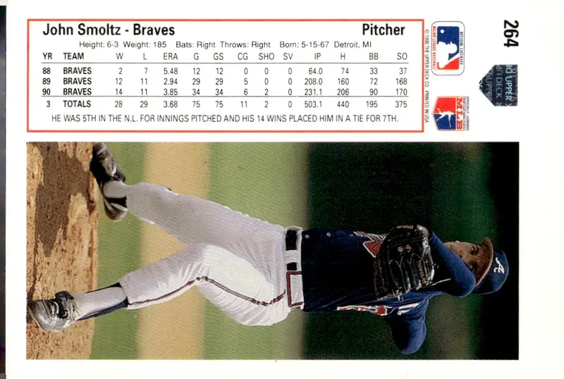 1991 Upper Deck #264 John Smoltz (back)