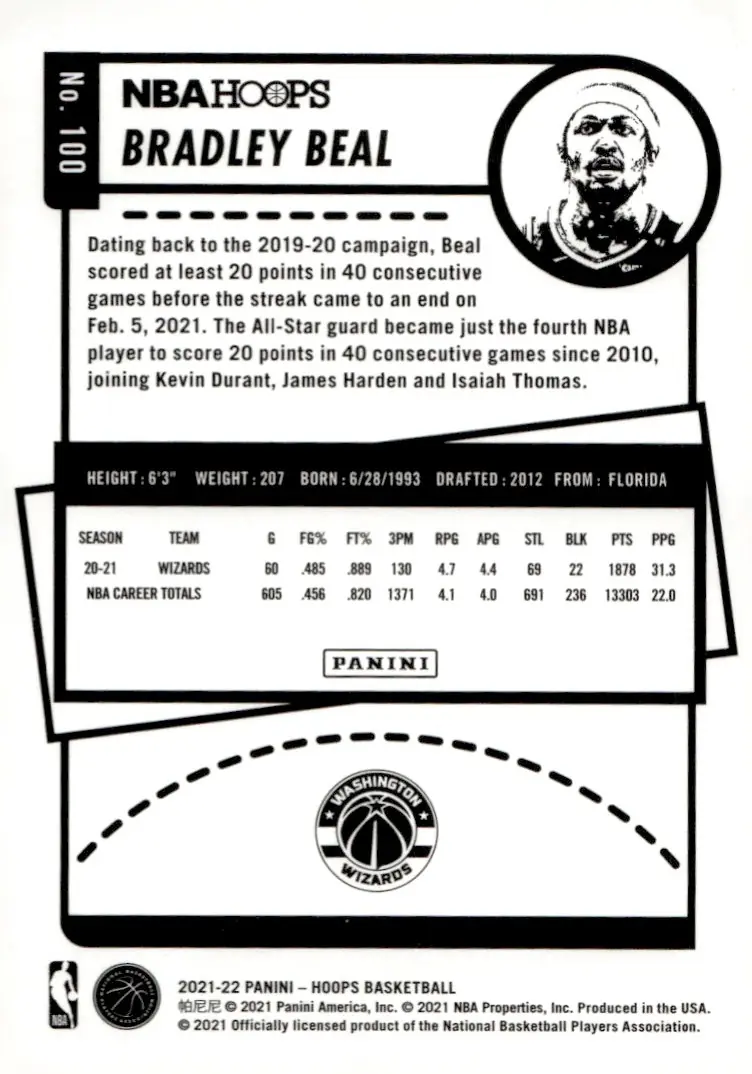 2021-22 NBA Hoops #100 Bradley Beal (back)