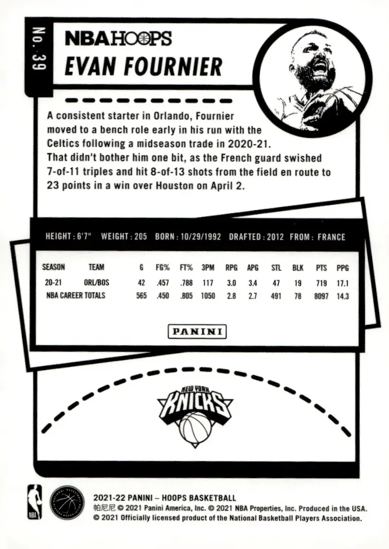 2021-22 NBA Hoops #39 Evan Fournier (back)