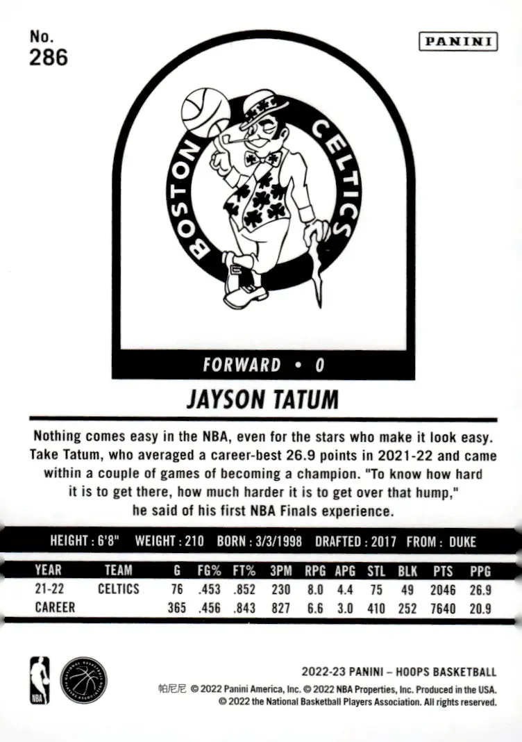 2022-23 NBA Hoops #286 Jayson Tatum (back)