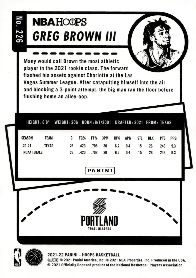 2021-22 NBA Hoops #226 Greg Brown III (back)