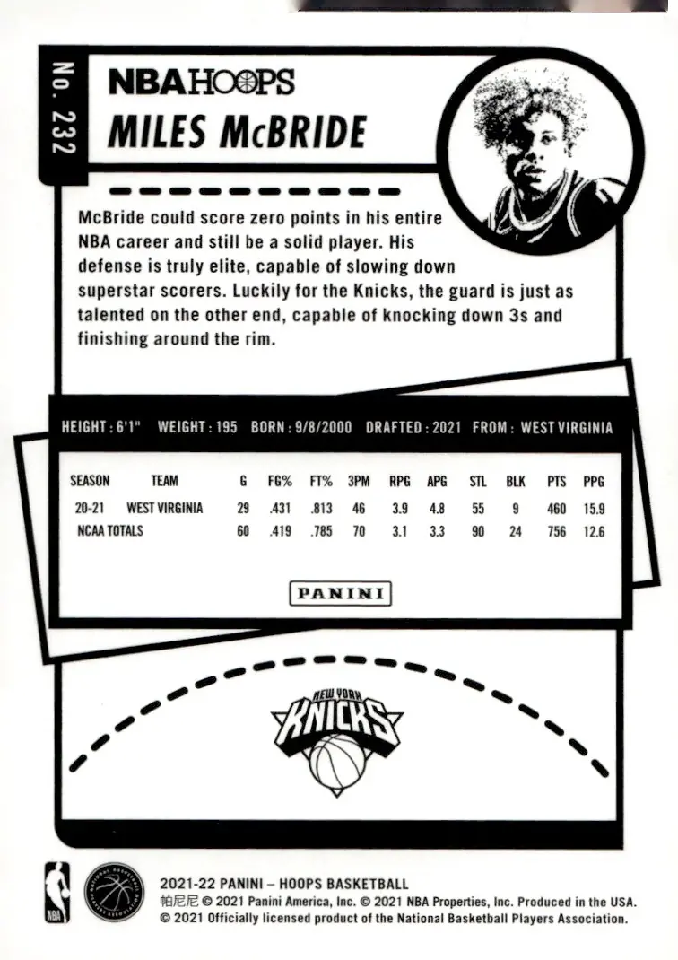 2021-22 NBA Hoops #232 Miles McBride (back)