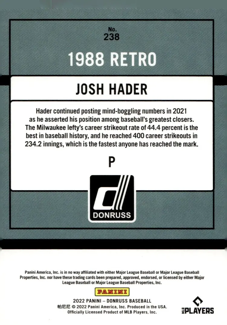 2022 Panini Donruss Baseball #238 Josh Hader (back)