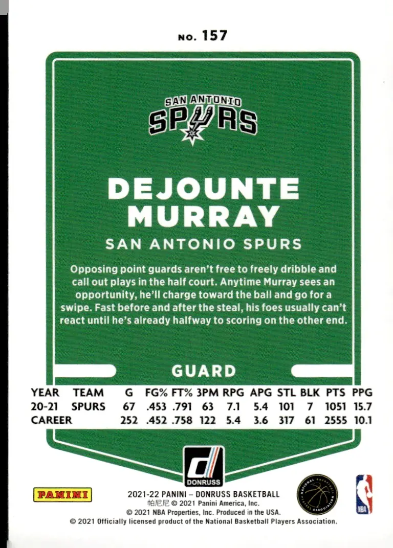 2021-22 Donruss #157 Dejounte Murray (back)