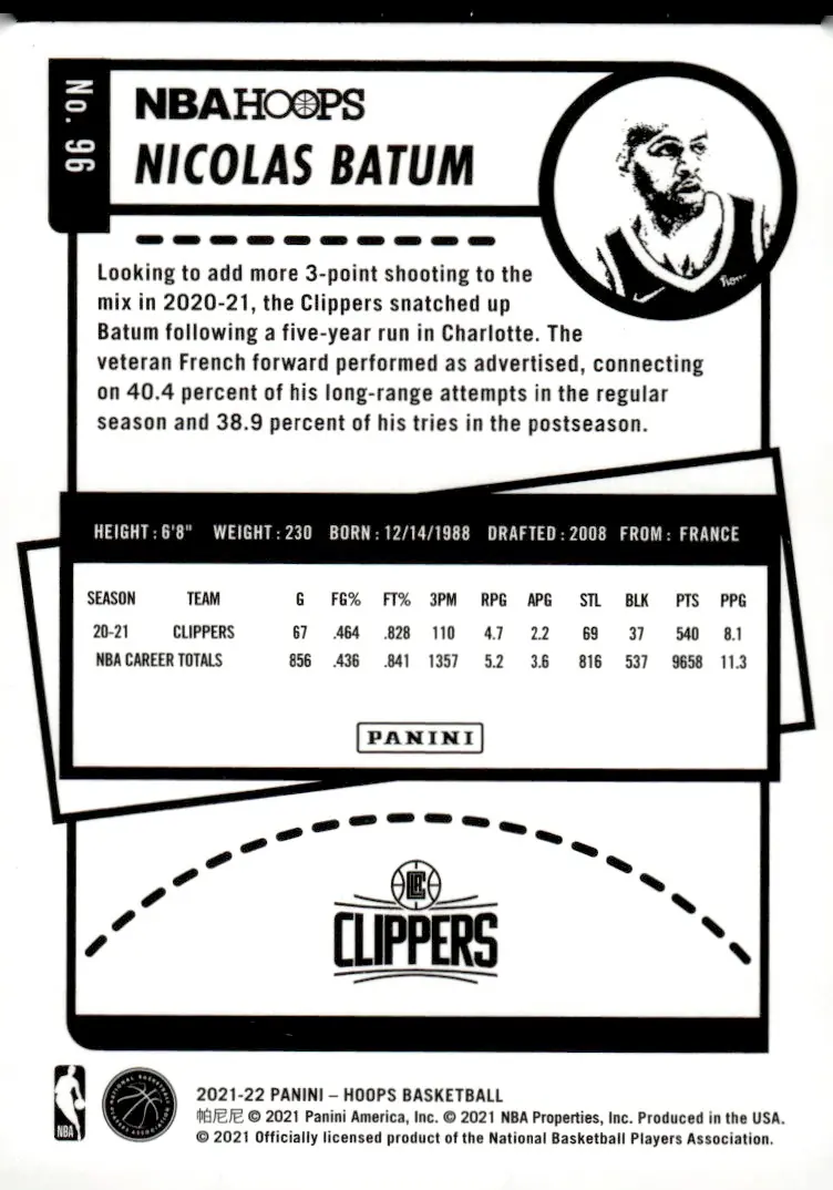 2021-22 NBA Hoops #96 Nicolas Batum (back)