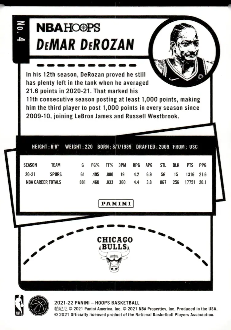 2021-22 NBA Hoops #4 DeMar DeRozan (back)