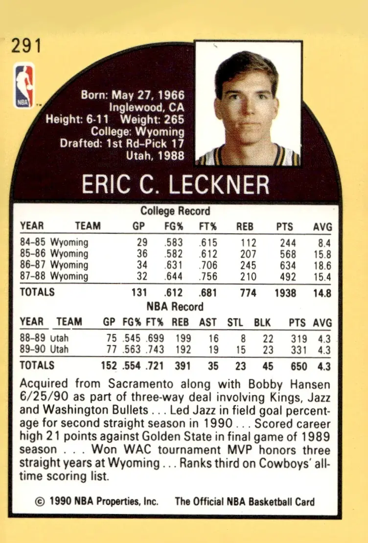 1990-91 NBA Hoops #291 Eric Leckner (back)