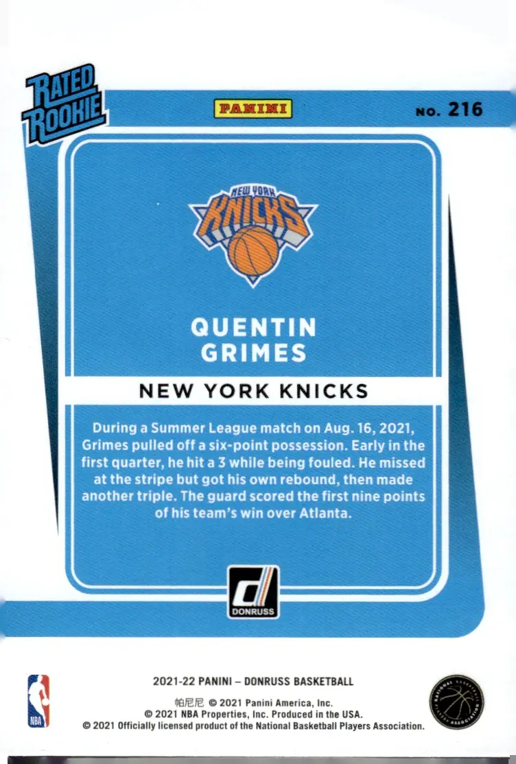 2021-22 Donruss #216 Quentin Grimes – Holo Orange Laser (back)