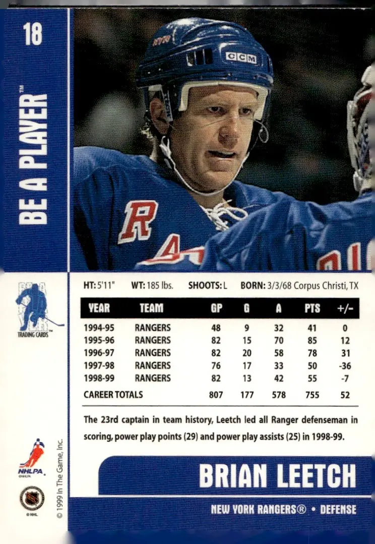 1999-00 Be A Player Memorabilia #18 Brian Leetch (back)