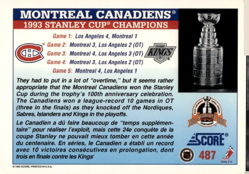 1993-94 Score (U.S.) #487 Montreal Canadiens (back)