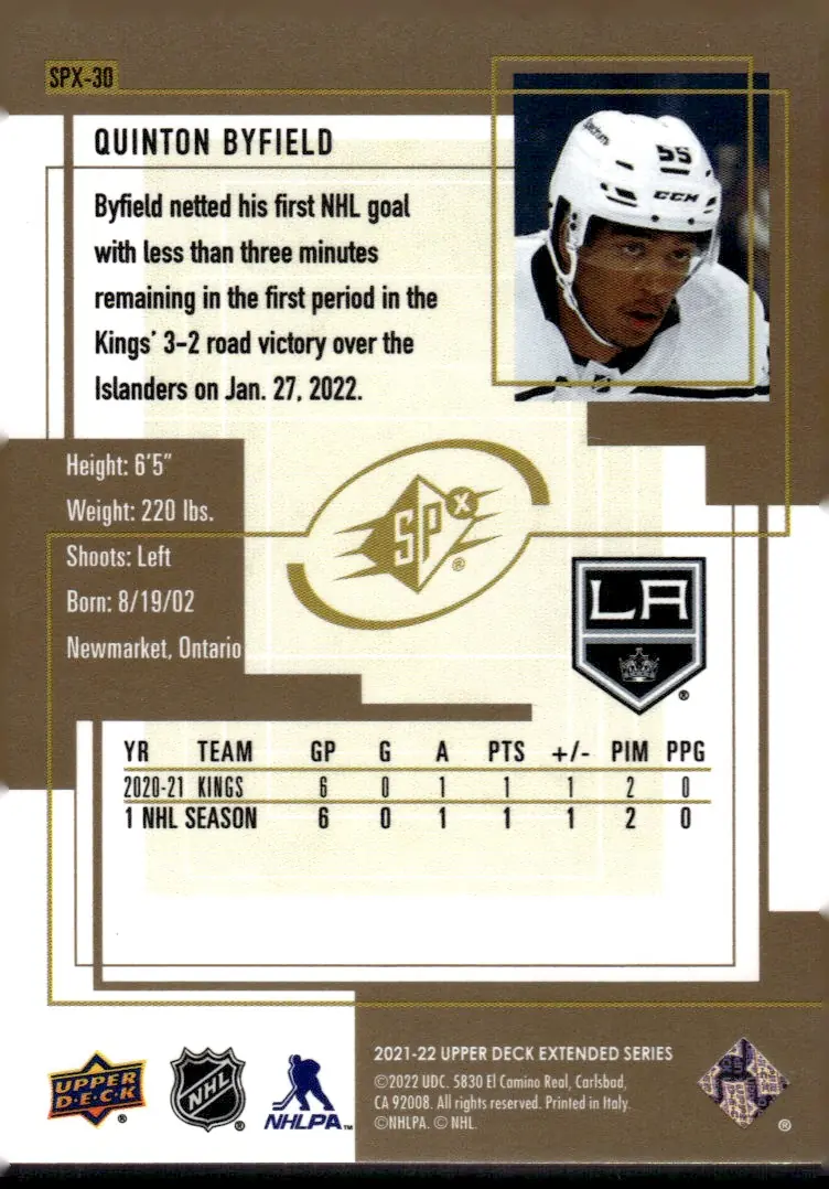 2021-22 Upper Deck Extended Series #SPX-30 Quinton Byfield (back)