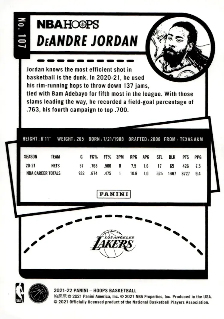 2021-22 NBA Hoops #107 DeAndre Jordan (back)