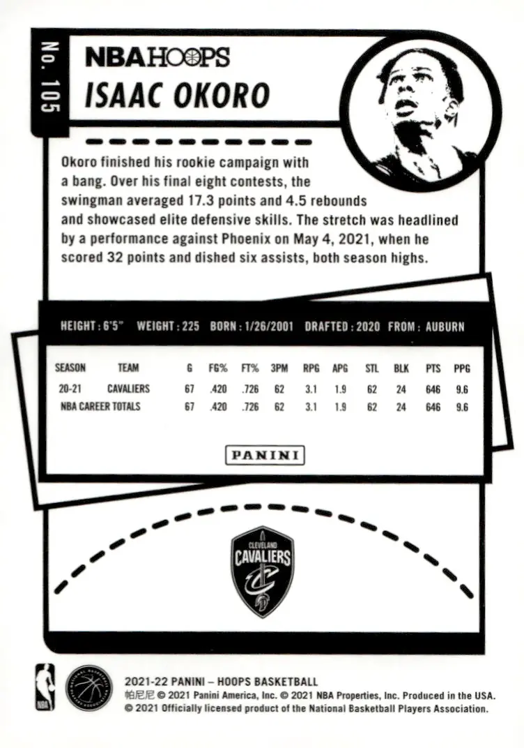 2021-22 NBA Hoops #105 Isaac Okoro (back)