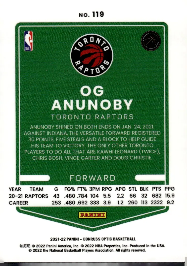 2021-22 Donruss Optic #119 OG Anunoby (back)