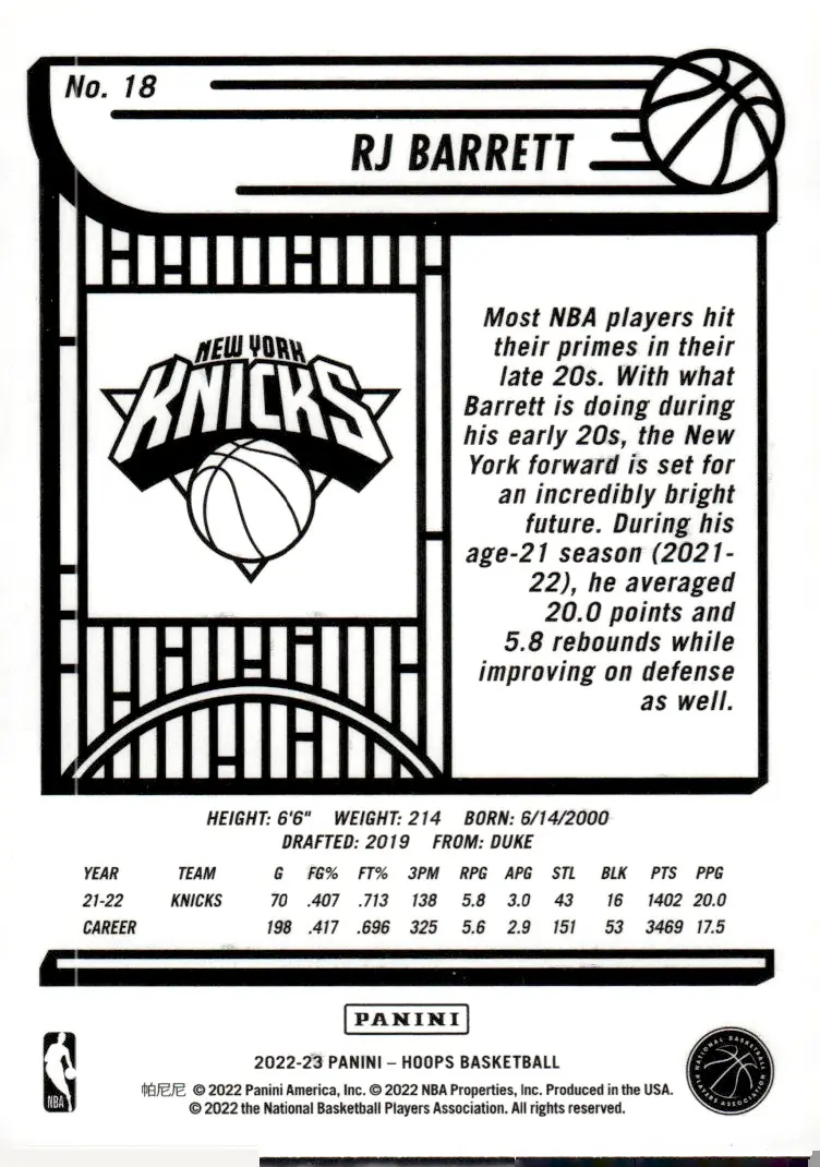 2022-23 NBA Hoops #18 RJ Barrett (back)
