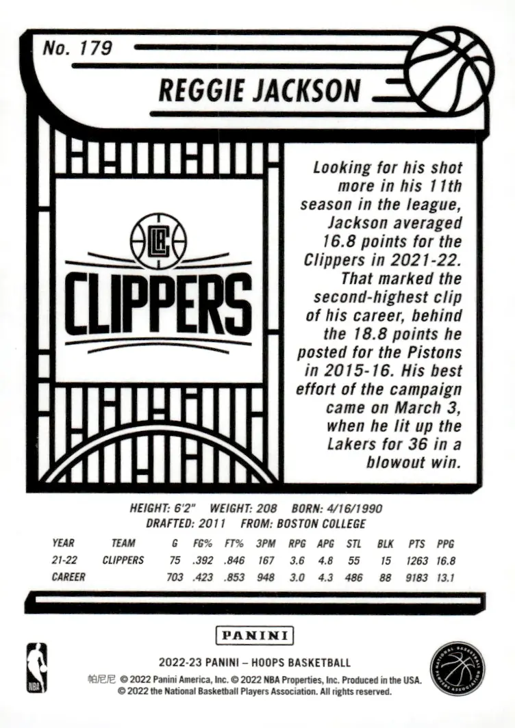 2022-23 NBA Hoops #179 Reggie Jackson (back)